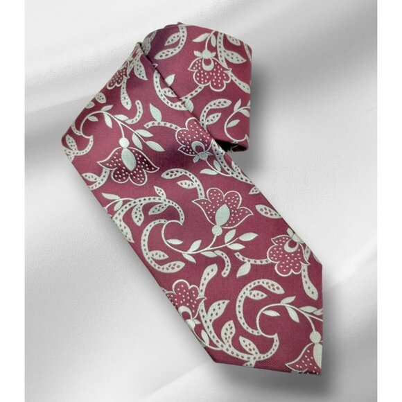 Paul Fredrick Mens Floral Burgundy and White Silk Necktie - Picture 1 of 7